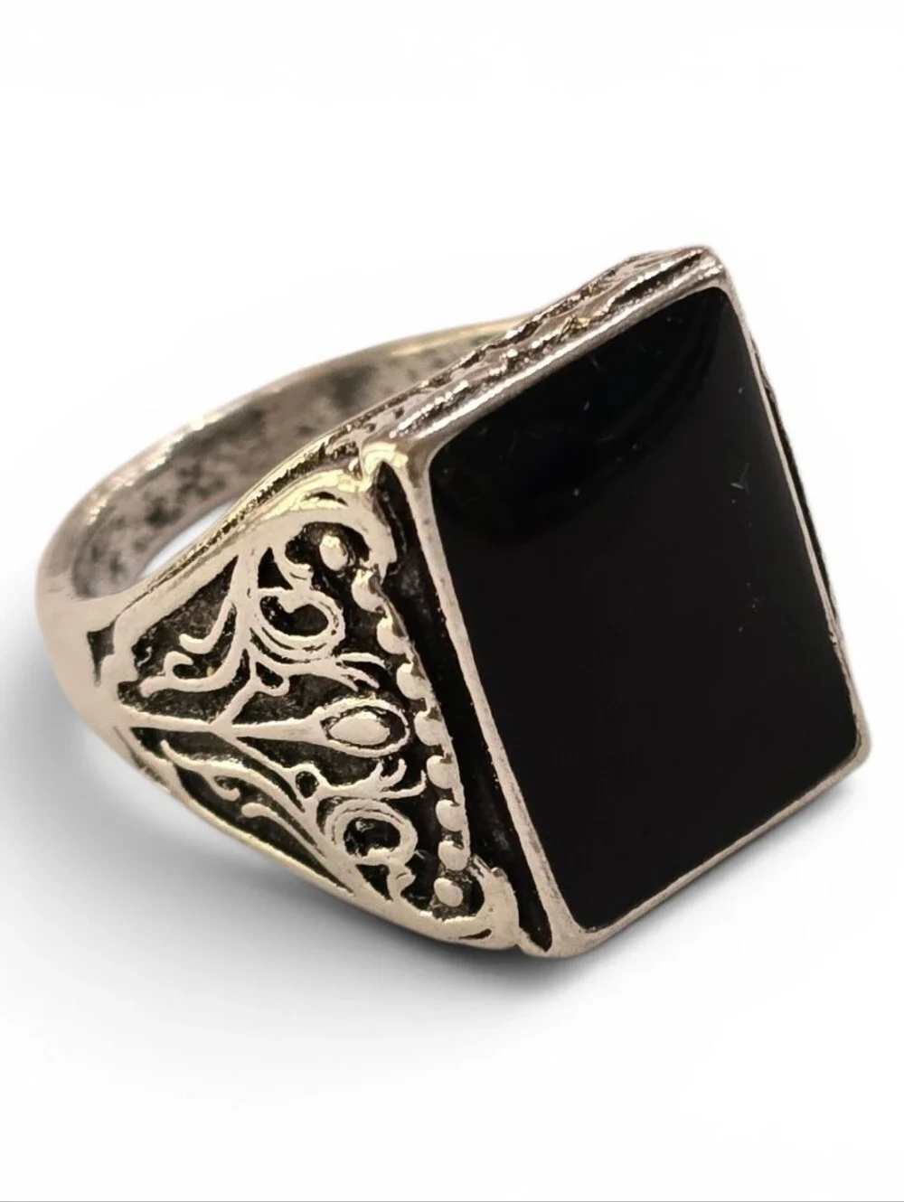 BLACK OBSIDIAN BEZEL SET  QUALITY ENGRAVED TITAINUM SILVER NEW MENS SIZE 8 RING